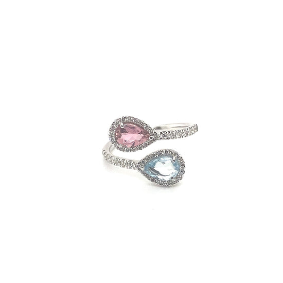 14K White Gold Diamond and Tourmaline Pear Bypass Ring