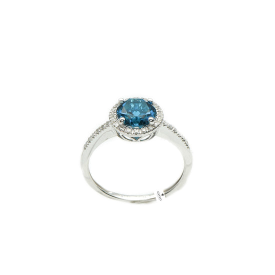 14K White Gold Blue Topaz Diamond Halo Ring