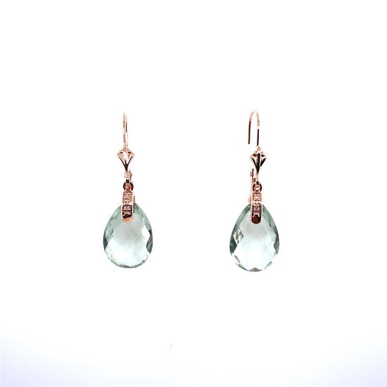 Diamond and Green Amethyst, drop pear shape earrings in Rose gold.