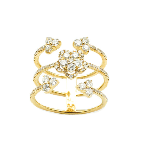 Elegant 14K Yellow Gold Triple Row Diamond Floral Design Fashion Ring