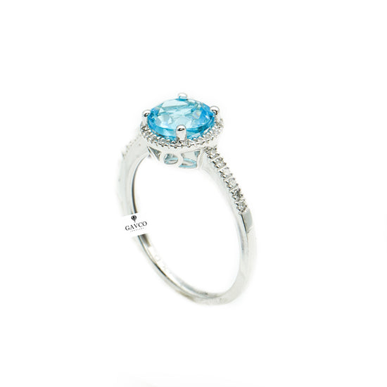 14K White Gold Blue Topaz and Diamond Halo Ring