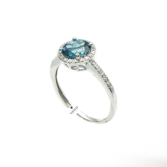 14K White Gold London Blue Topaz and Diamond Halo Ring