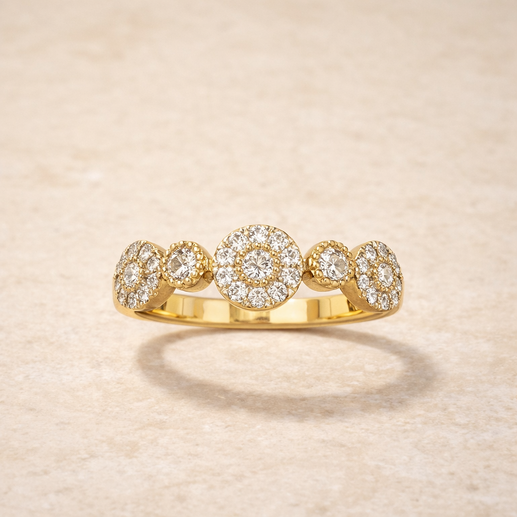 14K Two-Tone Diamond Halo Cluster Ring - front