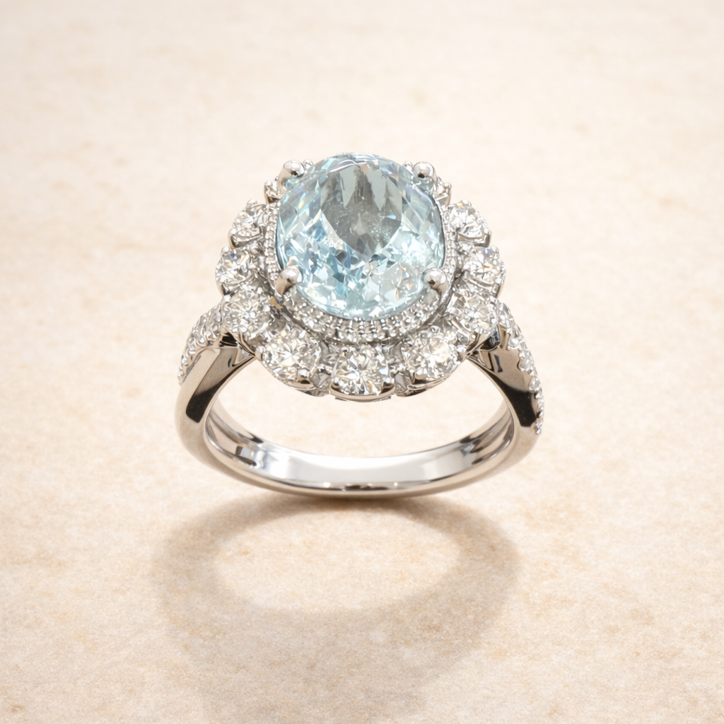 Lady’s 18K White Gold Aquamarine Fashion Ring with Diamonds – front edit