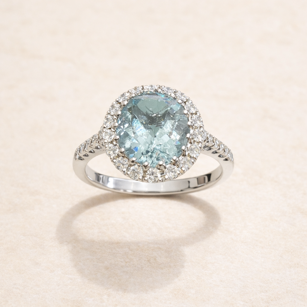 14K White Gold Aquamarine Diamond Ring – front edit