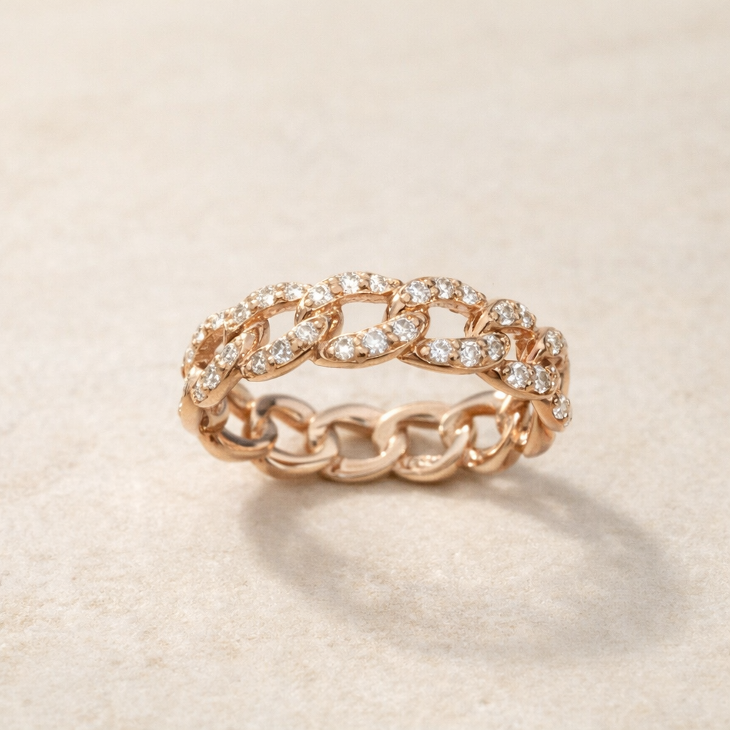 Ladies Rose Gold, Diamond Cuban Link ring – front edit
