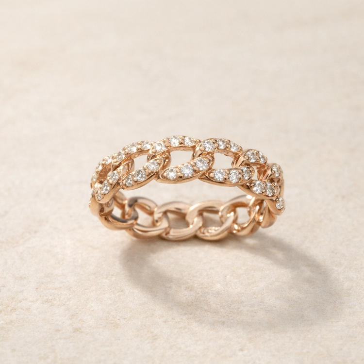 Ladies Rose Gold, Diamond Cuban Link ring – front edit