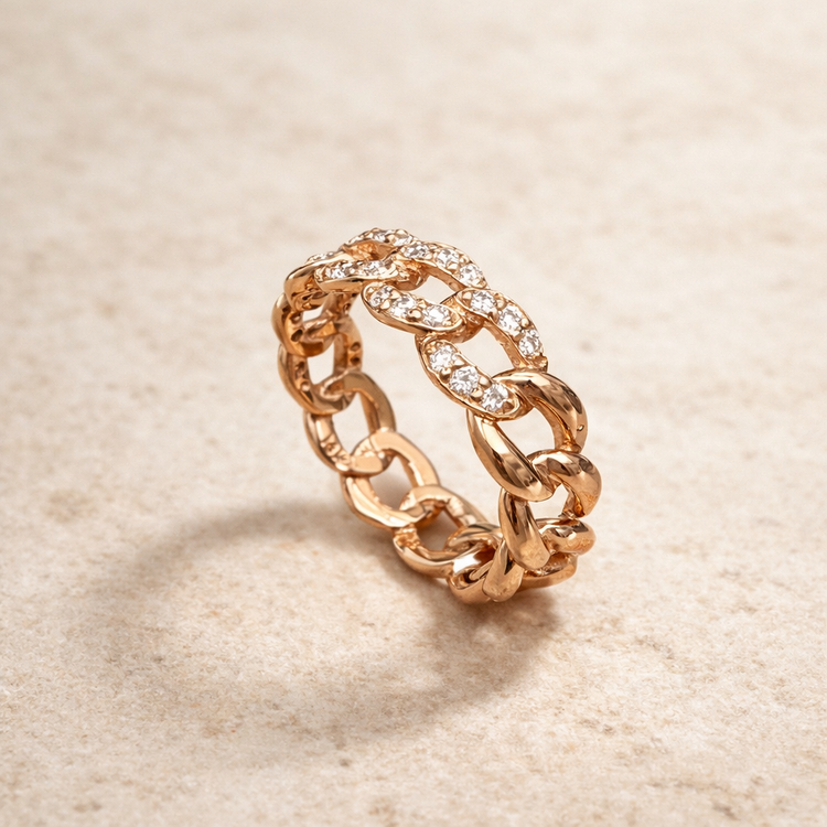Ladies Rose Gold, Diamond Cuban Link ring – side edit