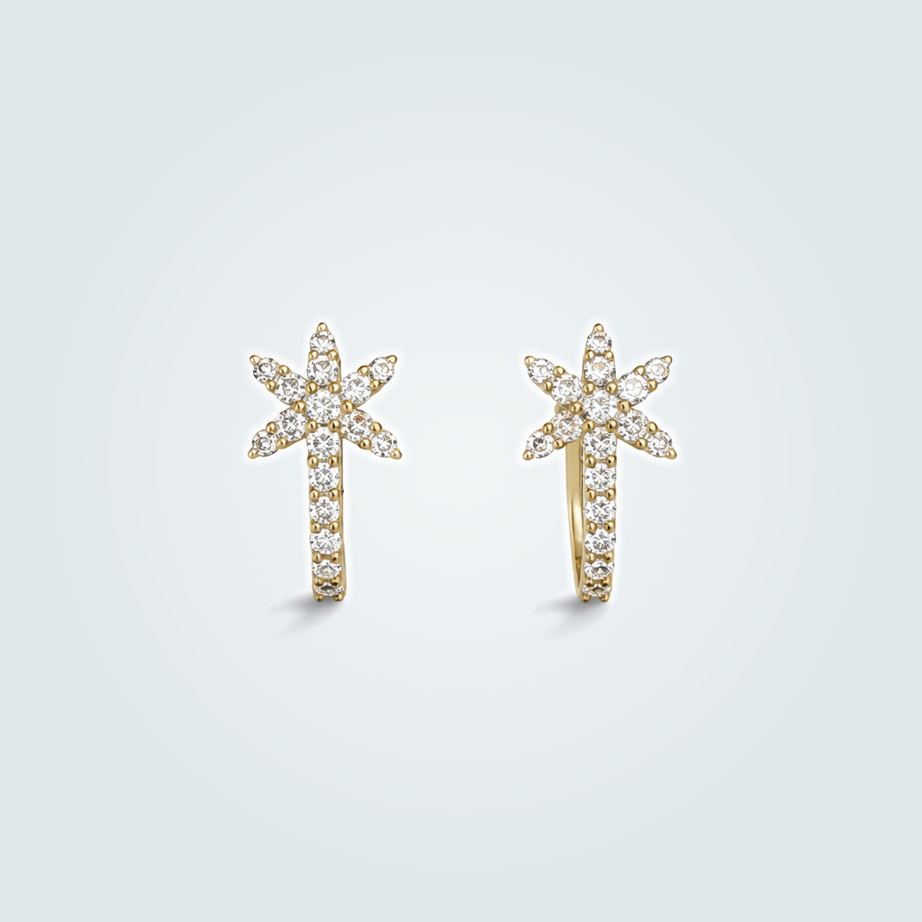 18K Yellow Gold Diamond Star Huggie Earrings – front edit