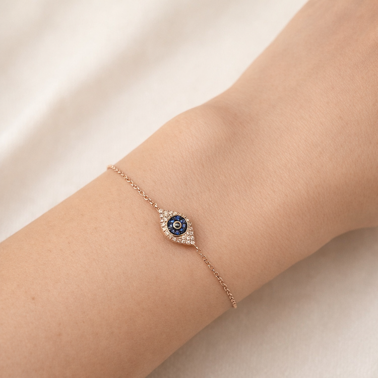 14K rose  Gold Sapphire and Diamond Evil Eye Bracelet – model edit