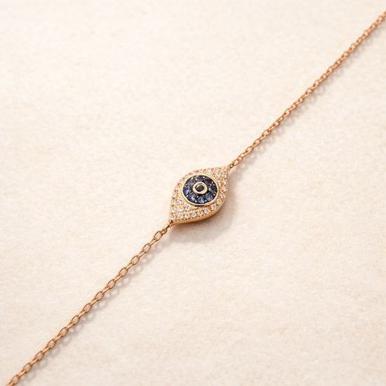 14K rose  Gold Sapphire and Diamond Evil Eye Bracelet – side edit