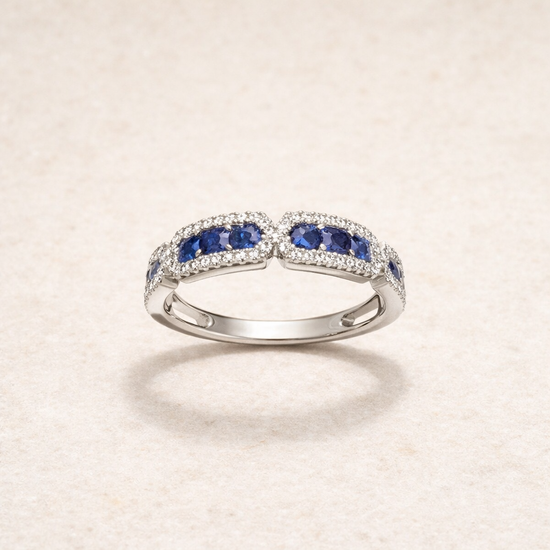 14KT White Gold Diamond and Sapphire Infinity Ring – front edit