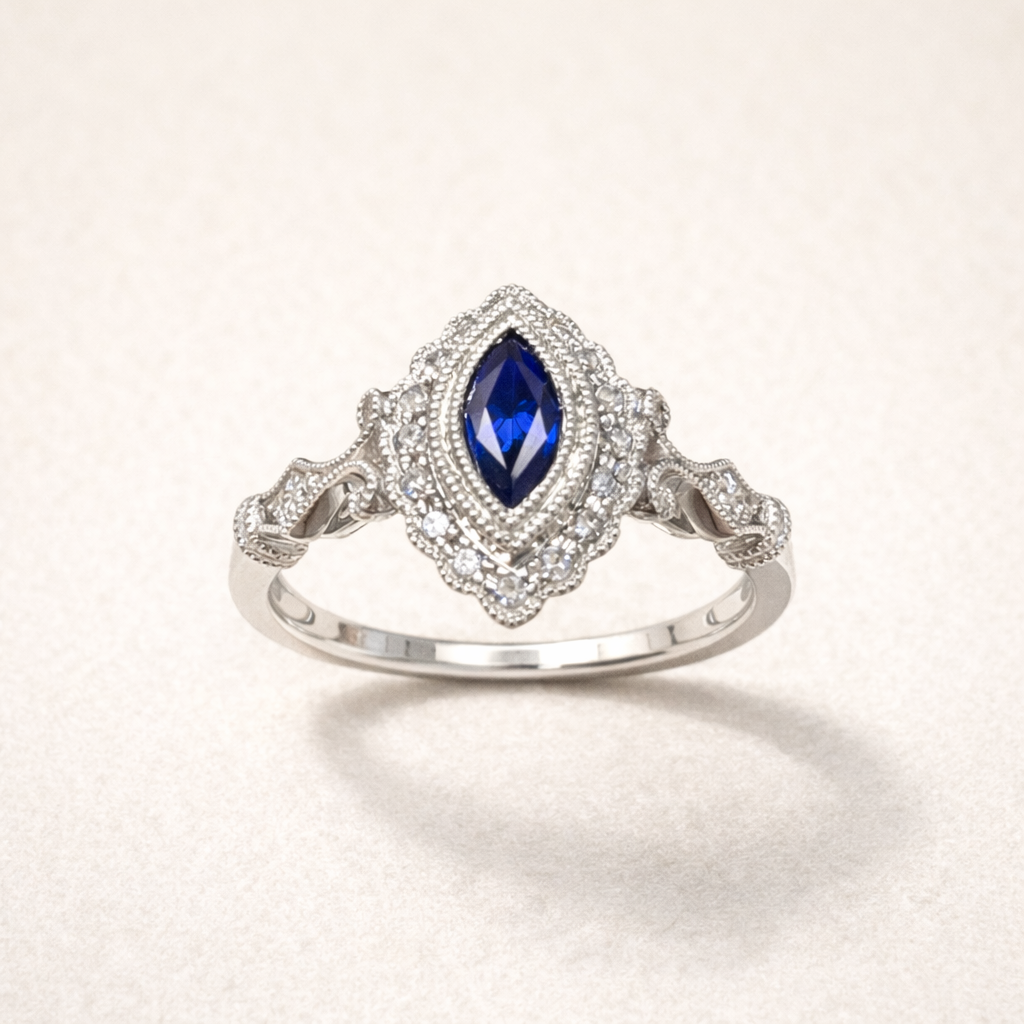14KT White Gold Sapphire Marquise Diamond Ring – front edit