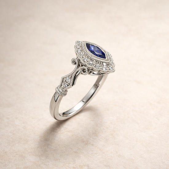 14KT White Gold Sapphire Marquise Diamond Ring – side edit