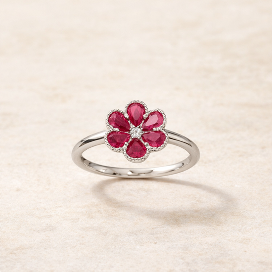 Blooming Elegance Ruby and Diamond Flower Ring – front edit
