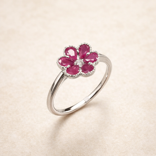 Blooming Elegance Ruby and Diamond Flower Ring – side edit