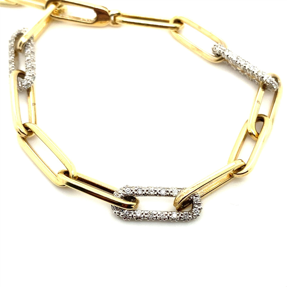 14K yellow gold diamond paperclip bracelet with diamond-set links, full view