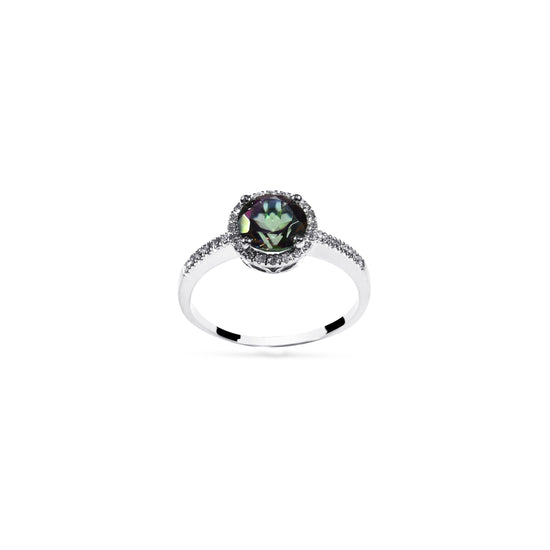 14K White Gold Mystic Topaz and Diamond Halo Ring