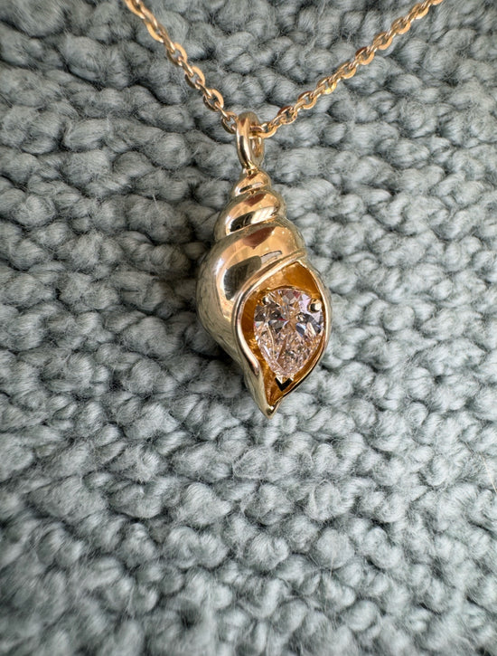 14K Gold Seashell Pendant with Pear Diamond (.63ct)