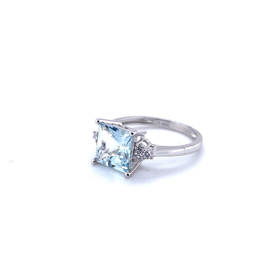 14K White Gold Princess Cut Aquamarine and Diamond Ring