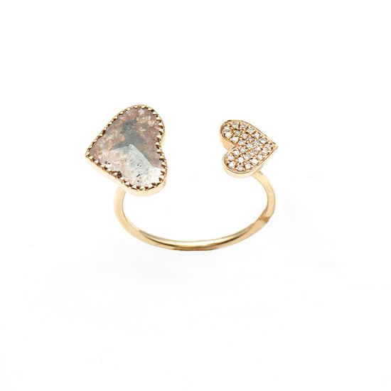 18K Yellow Gold Double Heart Ring with Diamond Heart