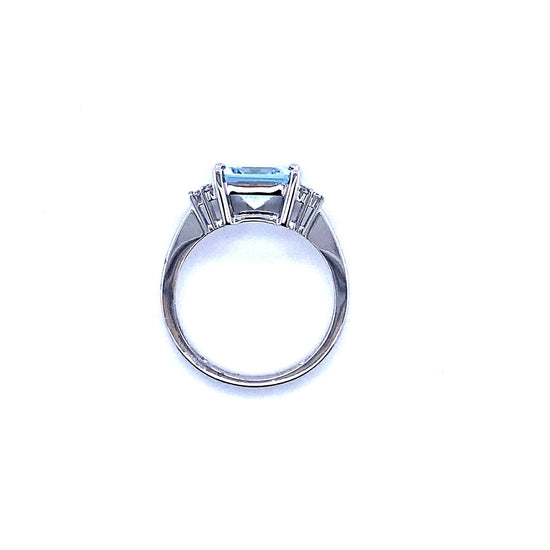 14K White Gold Princess Cut Aquamarine and Diamond Ring