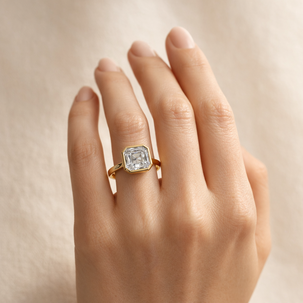 14k Yellow Gold Asscher-Cut Lab Diamond Bezel Ring – model edit
