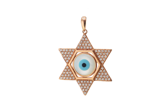 14K Rose Gold Star of David Pendant with Evil Eye and Diamond Halo