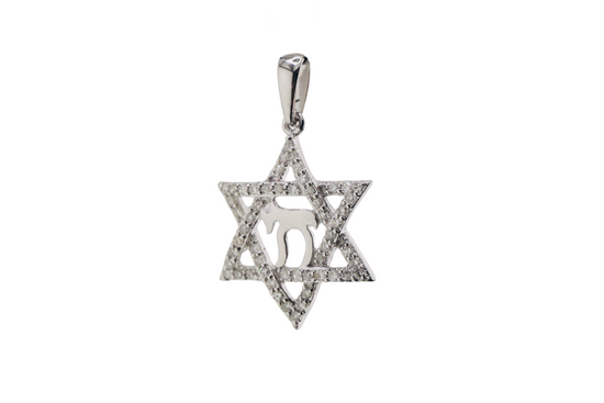 14K White Gold Diamond Star of David Pendant with Chai