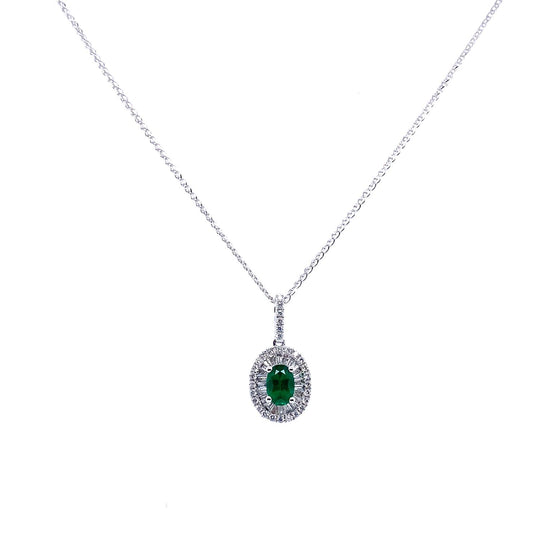 Ladies diamond and emerald pendant necklace.