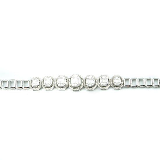 18K White Gold Baguette Cluster Diamond Tennis Bracelet